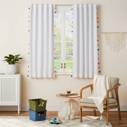 63" Blackout Tassel Kids' Curtain Panel White/Black - Pillowfort™: Noise Reduction, UV Protection, Energy Efficient