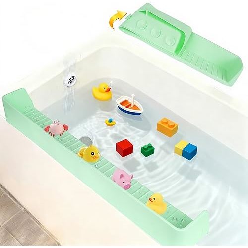 Bathtub Splash Guard for tub Kids& Bath Shelf for Kids – Toddler Bath Tray, Bath Toys Storage & Ledge Organizer – Splash Guard for Bathtub with Suction Cups – Kids Bathroom Accessories(2.6FT, Green)