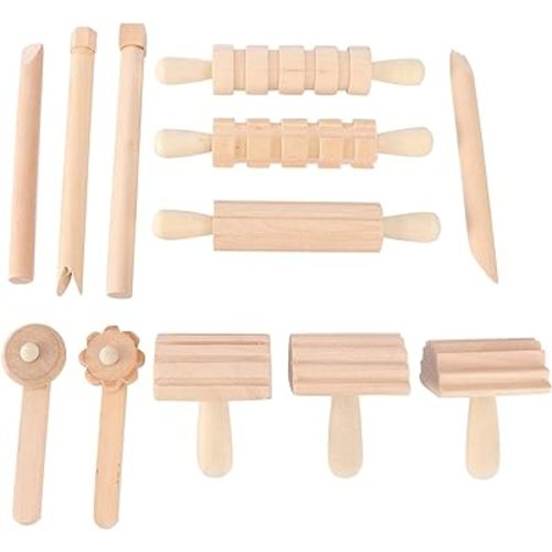 12pcs Wooden Tools Clay Pattern Rolling Pin Set Molding Shaping Tool for Art Craft Activity Supplies