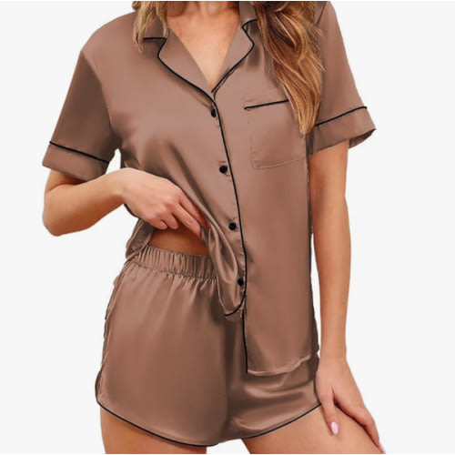 Ekouaer Womens Silk Satin Pajamas Set Short Sleeve Sleepwear Button Down Loungewear 2 Piece Pjs Shorts Set S-5X Plus Size