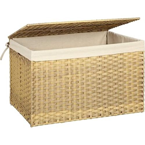 SONGMICS Storage Basket with Lid, 42.3 Gallon (160L) Storage Bin, Woven Blanket Storage Basket with Handles, Foldable, Removable Liner, Metal Frame, for Bedroom, Laundry Room, Natural URST76NL