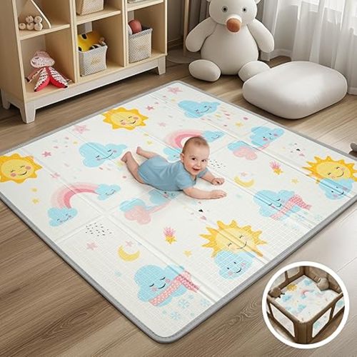 Foldable Baby Play Mat - PIGLOG 50X50 Waterproof Playpen Mat for Babies and Toddlers Kids, Safe Foam Playmat for Tummy Time, Reversible Playmats, Portable Baby Floor Mat for Infant, Blue Cloud