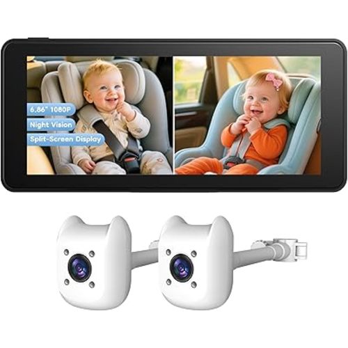 ELECROW Dual Baby Car Camera for 2 Kids - 6.86" 1080P Split-Screen Baby Monitor for CarSeat, 360° Full Rotation, IR Night Vision, Plug & Play Backseat Monitor for Twins & Siblings, Easy Install, Gifts