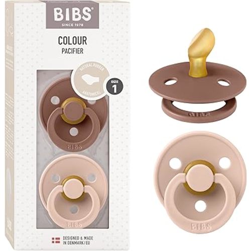 BIBS Pacifiers - Set of 2 | Colour Pacifier with Anatomical Nipple | BPA-Free Natural Rubber | Made in Denmark | Blush/Woodchuck, 0-6 Months