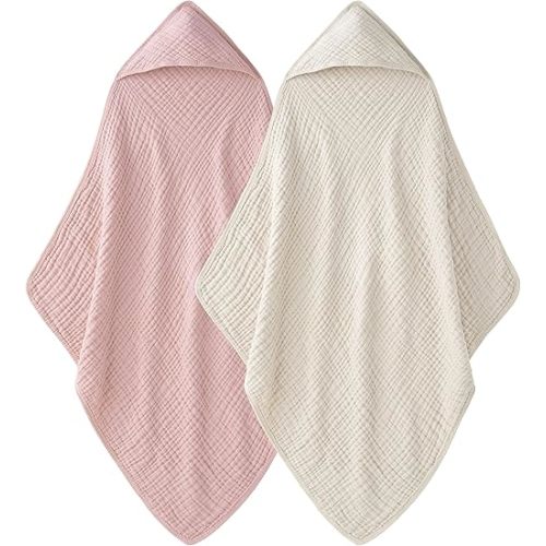 Hooded Baby Towels 100% Muslin Cotton Baby Bath Towels with Hood 2 Pack Baby Towels for Newborn, Infant, Toddler, Kids, Large 32x32Inches, Soft and Absorbent Newborn Essential Apricot&Pink