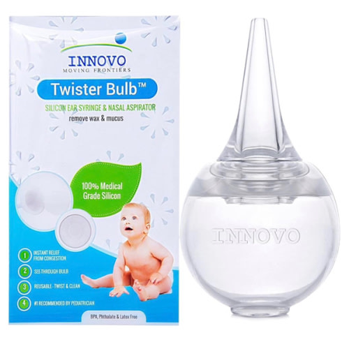 Innovo FSA/HSA Eligible Hospital Grade Silicone Twister Bulb Baby Ear Syringe and Nasal Aspirator, Sucks Snot and Mucus, Cleanable and Reusable, Clear