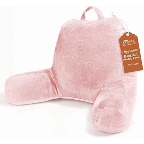 Sasttie Reading Pillow, Velvet Back Pillow for Bed Sitting Up, Adult Back-Rest Support Cushion with Arms for Sit Up on Couch, Sofa, and Floor, Dorm Essentials, Reading Accessories, Pink