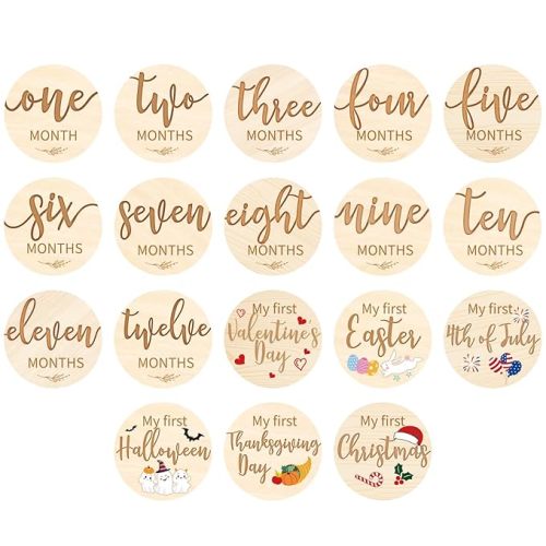Capoda 18 Pcs Baby Monthly Milestone Cards My First Holiday Milestone Signs 1-12 Month Wooden Circles Announcement Discs for Boy Girl Photography Photo Props Baby Shower Gift Newborn Keepsake(Wood)
