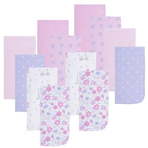 EVERYDAY KIDS 12 Pack Burp Cloths for Baby Girl - Paris, Flowers and Hearts