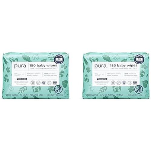 Baby Wipes 3 x 60 per pack (180 Wipes) 100% Plastic-Free & Plant Based Wipes, 99% Water, Suitable for Sensitive & Eczema-prone Skin, Fragrance Free & Hypoallergenic, EWG, Cruelty Free (Pack of 2)