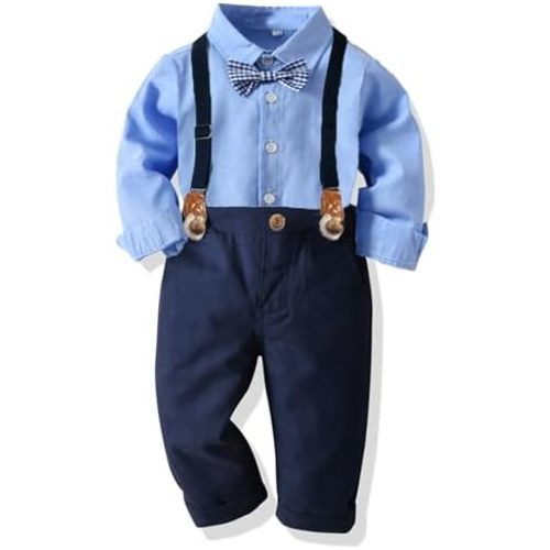 SALNIER Toddler Dress Suit Baby Boys Clothes Sets Bowtie Shirts Suspenders Pants 4pcs Gentleman Outfits Suits 6 Month 6 Years