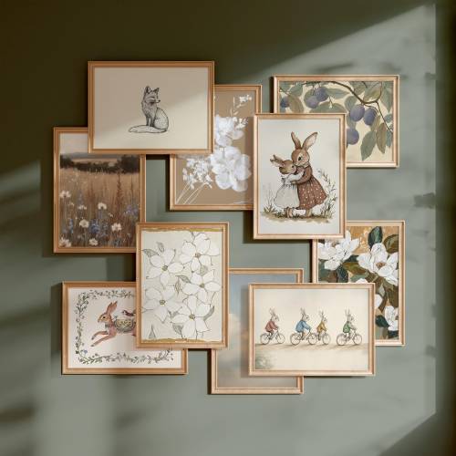 15 Vintage Nursery Prints Set, Woodland Animals Wall Art, Botanical Floral Decor, Fox Rabbit Nature Prints, Kids Room Gallery Wall