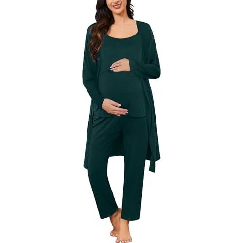 SWOMOG Maternity Nursing Robe Set 3 PCS Postpartum Pajamas Breastfeeding Labor Delivery with Robe & Camisole & Pants