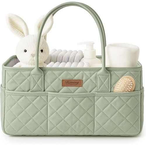 Konssy Quilted Diaper Caddy Organizer, Diaper Caddy Basket with Vegan Leather Handles, Portable Nursery Storage Basket, Water-Repellent Car Organizer, Registry Search Must Haves (Fog Green)