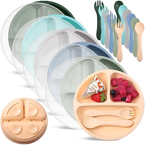 Meanplan 6 Pack Suction Plates for Toddlers with Lids Silicone Baby Plates set Food Grade Silicone Divided Design BPA Free Microwave and Dishwasher Safe Assorted Colors(Mixed Colors)
