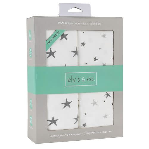 Ely's & Co. Pack n Play│Mini Crib Sheet 2-Pack Set for Baby Boy or Baby Girl - 100% Combed Jersey Knit Cotton Sheets with Eco-Friendly Waterproof Lining — Grey Stars - Playard