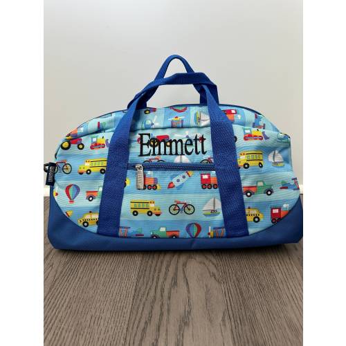 Personalized Kids Duffle Bag: Blue Embroidered Travel Bag, Transportation Theme