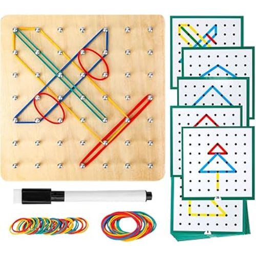 HEELWIRE Wooden Geoboard,Montessori Toy,Graphical Mathematical Education for Kids with Pattern Cards and Rubber Bands to Figures and Shapes, Brain Teaser STEM Toy Geo Board