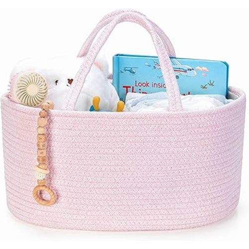 Large Diaper Caddy Organizer, Baby Storage Basket, Nursery Bin and Car Organizer for Diapers, Gift Basket for Baby Shower List or Newborn Essentials, Boys and Girls - Pink