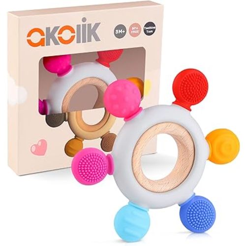 akolik Teething Toys for Babies, Baby Teethers Toy Teething Ring Silicone, Grasping Teething Toy, BPA Free Teething Nursing Accessories for 3+ Months Boy, Girl Toddlers