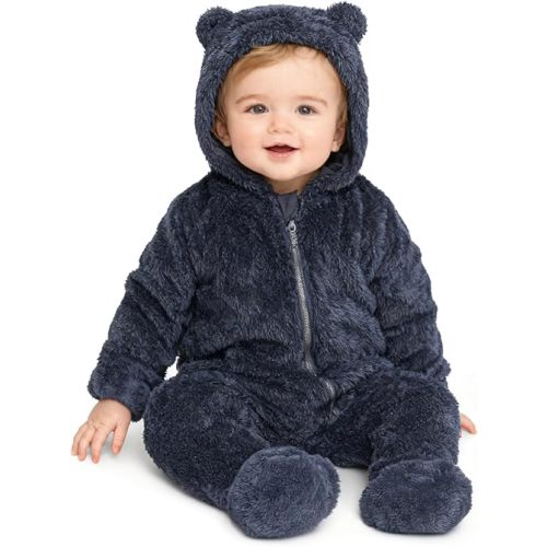 Baby Plush Long Sleeve Polar Fleece Jumpsuit With Bear Ears Baby Fleece Hooded Jumpsuit Infant Winter Outfit