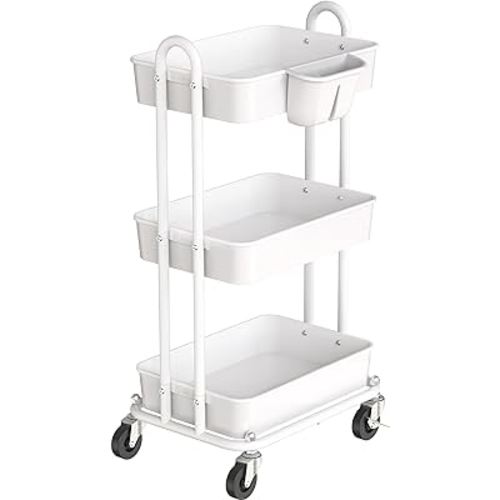 Simple Houseware 3-Tier Kitchen Multifunctional Rolling Utility Cart with Hanging Bucket, White