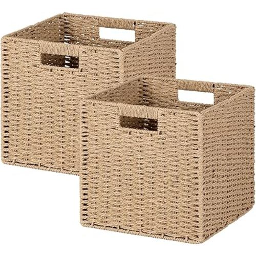 11 Inch Wicker Cube Storage Bins,Hand-Woven Paper Rope Storage Baskets, Set of 2, Foldable Square Storage Basket with Handles for Shelves, Closets, Home,Pantry, and Living Room (Natural Beige, 2 Pack)