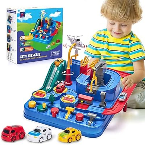 Hahaland 3 Year Old Boy Toys - Race Track Toys, Car Toy for Boys 3-4, Puzzle Track Rescue Racer Game with Magnetic Helicopter, STEM Learning, Montessori, Toddler