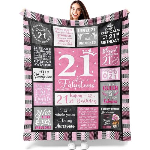 21st Birthday Gifts for Her - Cozy Blanket 50"x60", Unique 21st Decoration Ideas, for 21 Year Old, Happy 21st Birthday Celebration, Best Present for Women