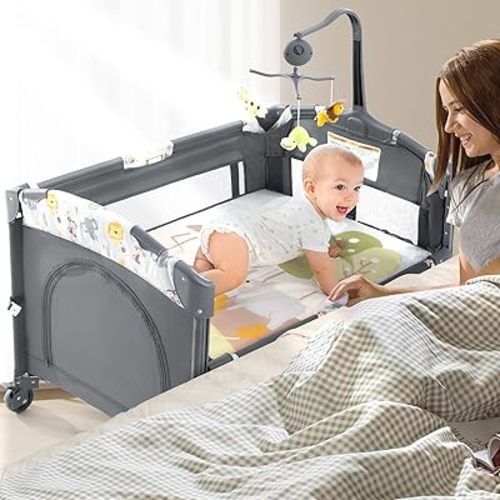 5 in 1 Infant Newborn Baby Crib,Baby Bassinet Bedside Cribs,Pack and Play and Changing Table,Portable & Music Box,Portable Travel Crib,Dark Gray