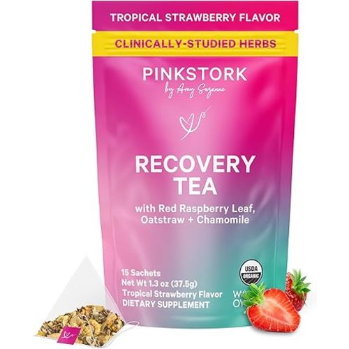 Pink Stork Postpartum Recovery® Herbal Tea, Organic Red Raspberry Leaf with Chamomile, Hormone Balance for Women After Labor & Delivery, Strawberry, Postpartum Essentials, Caffeine-Free, 15 Sachets