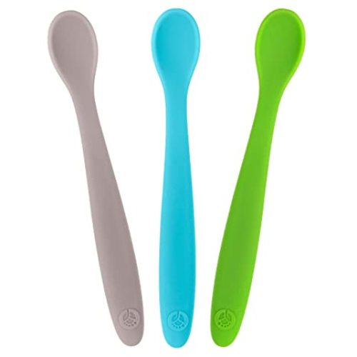 WeeSprout Silicone Baby Spoons - First Stage Infant Feeding Spoons With Soft-Tip, Bendable Baby Utensils for Parent & Self-Feeding, Ultra-Durable & Chewproof, Dishwasher Safe, Set of 3 - Bright Green,Blue,Grey