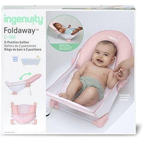 Ingenuity Foldaway 2-Position Bather, 2-Position Adjustable Support Baby Bath seat for Sink or Bathtub, Ages 0-6 Months, up to 20 pounds, Pink