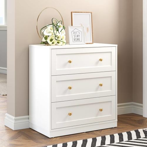 RoyalCraft Modern 3 Drawer Dresser, White and Gold Nightstand for Bedroom, Small Chest of Drawers, End Table with Storage, Wood Beside Table for Living Room, Home Office, Entryway