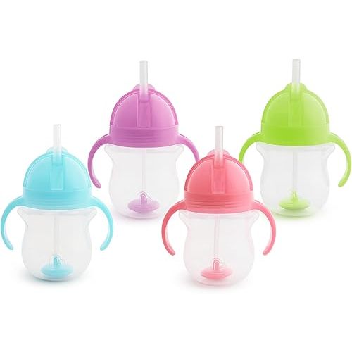 Munchkin Any Angle Sippy Cups for Toddlers, Spill Proof Weighted Straw Cup with Transition Handles for Babies 6 Months and Up, 4 Pack, Blue/Green/Pink/Purple