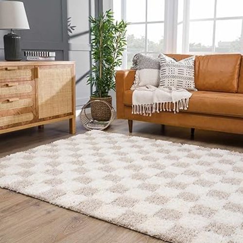 Hauteloom Etiler Checkered Shag Area Rug - Checkboard Design - High Pile Fluffy Shaggy Touch - Square Tiles - Kids Room, Nursery, Living Room Shaggy Carpet - Beige, Cream, White - 7'10" x 10'3"