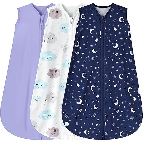 3 Pack Baby Sleep Sack 6-12 Months 100% Rayon Cotton Baby Sleeping Bag 2-Way Zipper Toddler Wearable Blankets Comfy Stretchy Lightweight TOG 0.3 (Purple&Clouds&Starry Sky)