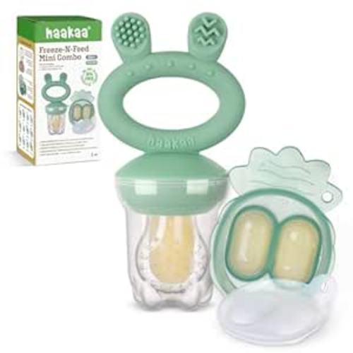Haakaa Baby Fruit Food Feeder & Mini Freezer Nibble Tray Combo, Breastmilk Popsicle Molds for Cooling Relief, BPA Free Silicone Feeder for Safe Infant Self Feeding, 4 Month+ (Pea Green)