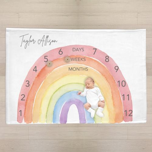 Modern Rainbow Watercolor Baby Milestone Blanket, Monthly Growth Tracker, Personalized Baby Blanket, Custom Blanket, Baby Shower Gift