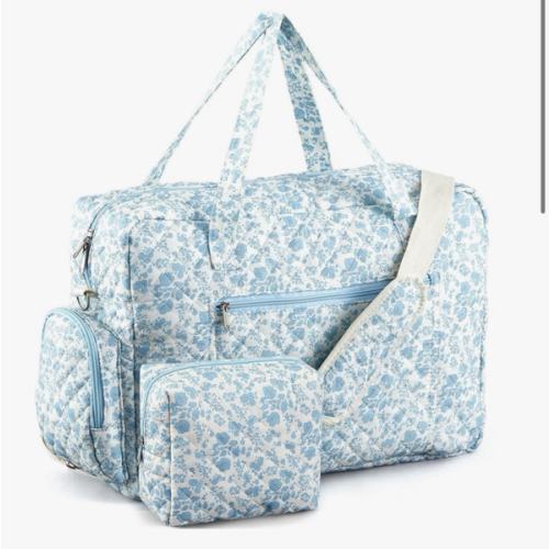 Abbylike 2 Pcs Large Floral Quilted Duffle Bag Coquette Floral Duffle Bag with Makeup Pouch Quilted Weekender Diaper Tote with Shoe Compartment for Women Travel Hospital