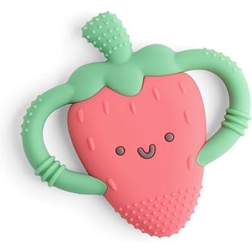 Itzy Ritzy Strawberry-Shaped Baby Teether with Handles; Silicone Teether for Babies with Easy-Grab Handles and Textured, Teethable Surfaces - Baby Teething Toy for 3 Months & Up (Strawberry)