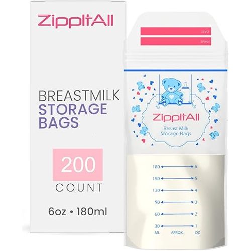 DiRose Breastmilk Storage Bags -6 oz 200 Count Double Zipper Leak Proof Capacity Extra Thick and Seal BPA/BPS Free/Disposable Pouches | Self-Standing Bag for Long and Safe Storing