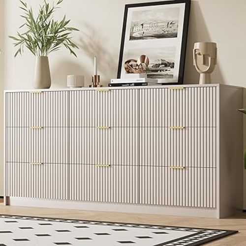 Beige Dresser for Bedroom, Modern Dresser with 9 Drawers and Smooth Slides, Wide Chest of Drawers with Golden Handles for Bedroom, Living Room, Closet, 15.7" D x 63" W x 31.5" H