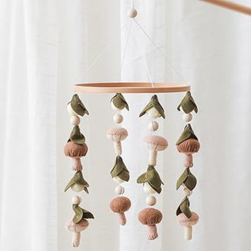 Baby Mobile for Crib,Crib Mobile for Boys Girls, Soft Crib Toys Hanging,Baby Mobile for Bassinet,Boho Nursery Decor Neutral(Mushroom,Leaves,Cotton)