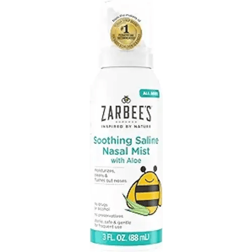 Zarbee’s Soothing Saline Nasal Mist with Aloe, Saline Spray for All Ages Works Quickly to Clear Out & Moisturize Noses, Mist Loosens Mucus & Clears Nasal Passageways, Drug-Free, 3 fl. Oz