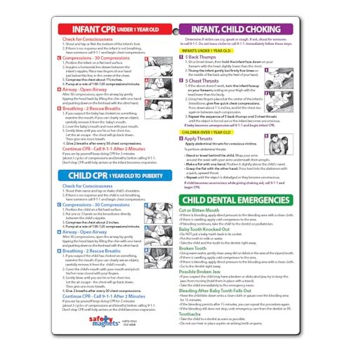 Safety Magnets by ZOCO – Infant and Child First Aid Magnet – CPR Choking Poison Control Burns Dental Emergency Chart – Laminated 8.5x11 Magnetic Quick Reference Card for Fridge