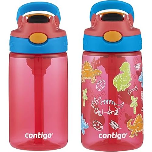 Contigo Aubrey Kids Water Bottle, 2-Pack, 14oz, Watermelon & Dinos, Spill-Proof Lid, Dishwasher Safe, BPA Free, Red and Blue