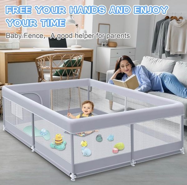 Baby Playpen 50 x 50 Inch Play Pen Playards, Playpen for Babies and Toddlers, Baby Playard for Indoor & Outdoor Active Center Game Fence, with Skin-Friendly Fabric and Soft Breathable Mesh Grey