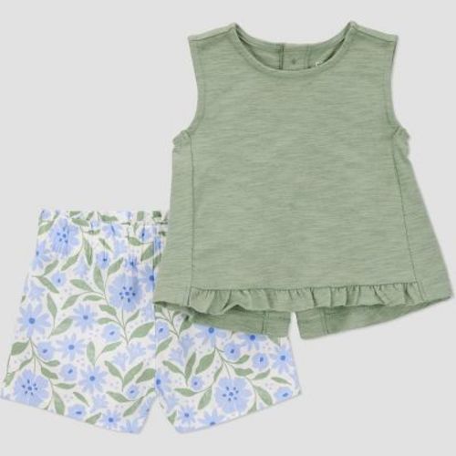 Carter's Just One You® Baby Girls' Floral Top & Bottom Set - Green/Blue 18M: Cotton Sleeveless Tunic & Shorts