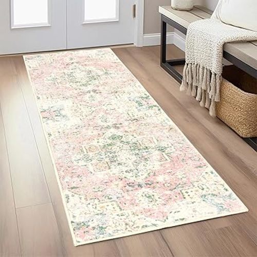 2x6 Ft Washable Kitchen Runner Rug Pink and Green Entryway Runner Vintage Non-Slip Faux Wool Low-Pile Floor Carpet Runners for Hallways Bedroom Bathroom Laundry Room